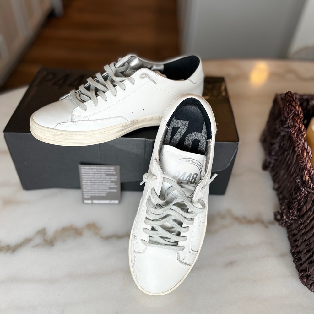 P448 John White Leather Low-Top Italian Sneaker Size 40 - Picture 2 of 16